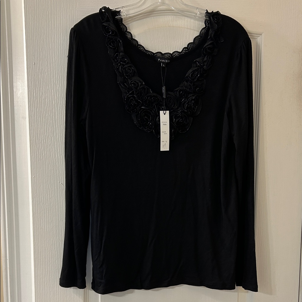 Chic Black Long Sleeve Top With Floral Neckline